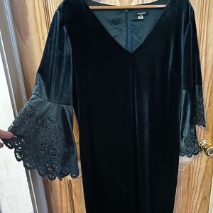 Tahari Dark Teal Velvet V-Neck Dress with Lace Bell Sleeves